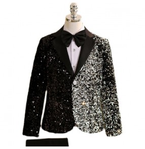 Boy Toddlers silver black sequin jazz dance blazers catwalk model show recital flower boys host stage formal dress coats piano gig performance suit for kids